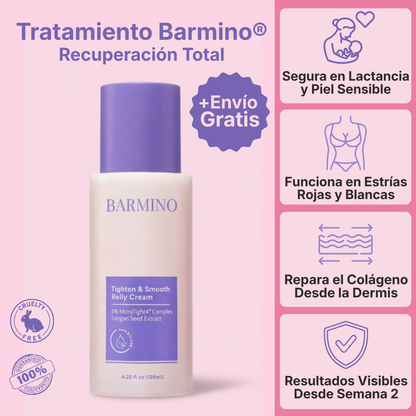 (5 Meses - Panza, Muslos y Busto) Tratamiento Barmino® Personalizado Antiestrias y Flacidez Postparto + Guia Masaje Drenante para Grasa Abdominal + Potenciador Dermico Resultados 3X Más Rápido + Acceso Comunidad Mamás Barmino