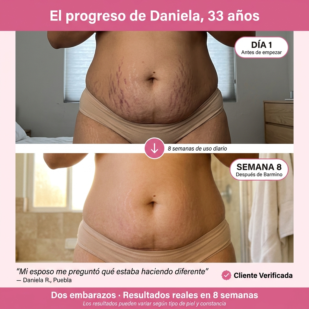 (5 Meses - Panza, Muslos y Busto) Tratamiento Barmino® Personalizado Antiestrias y Flacidez Postparto + Guia Masaje Drenante para Grasa Abdominal + Potenciador Dermico Resultados 3X Más Rápido + Acceso Comunidad Mamás Barmino